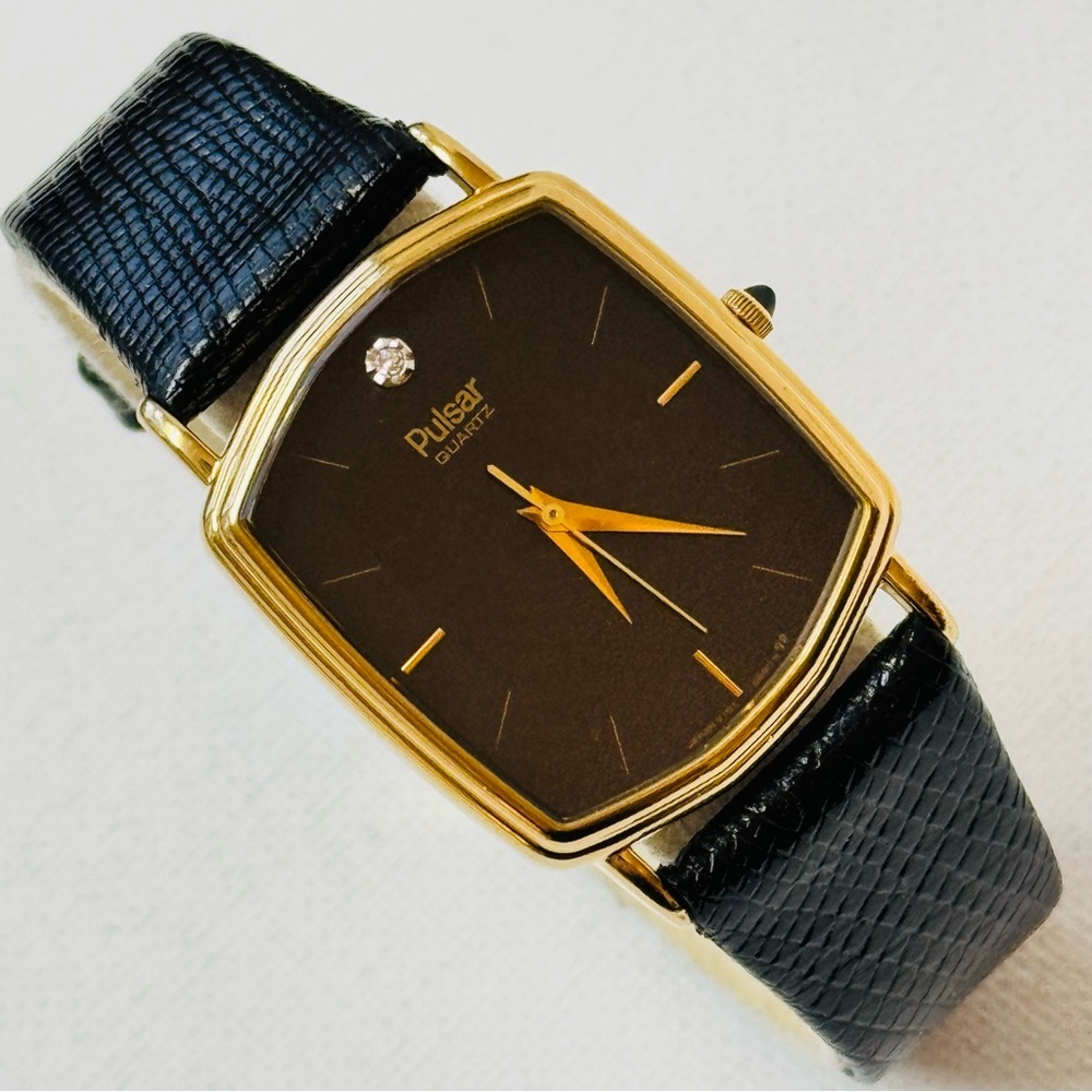 Vintage Pulsar Diamonds Men's Thin Dress Tank Watch Gold Black Lizard Y101-5149
